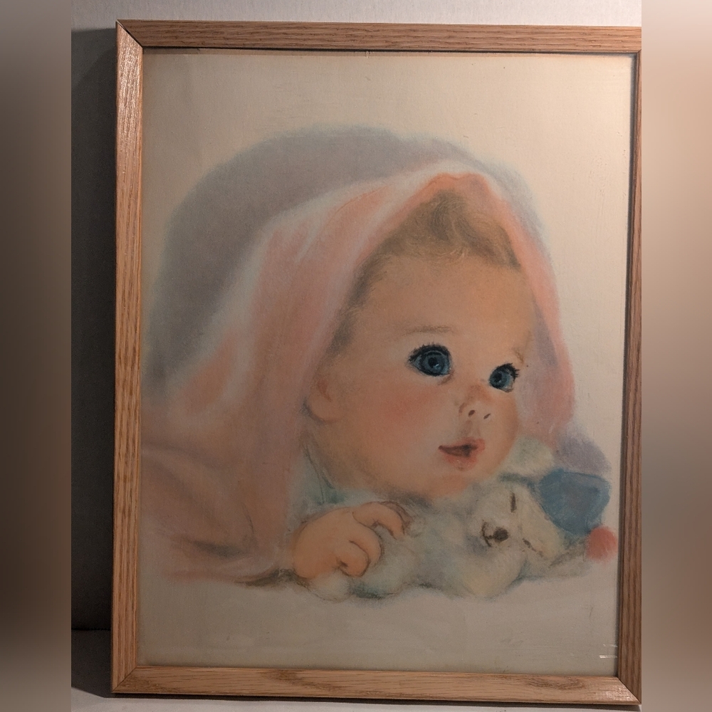 Baby Art Beautiful Artwork Print 14" x 11" Baby Under Blanket with Stuffed Bear.